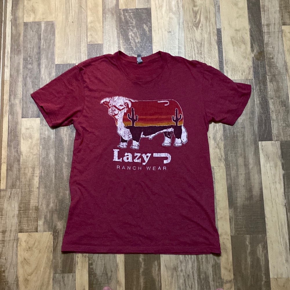Red T-shirt got from calendars Says lazy ranch wear